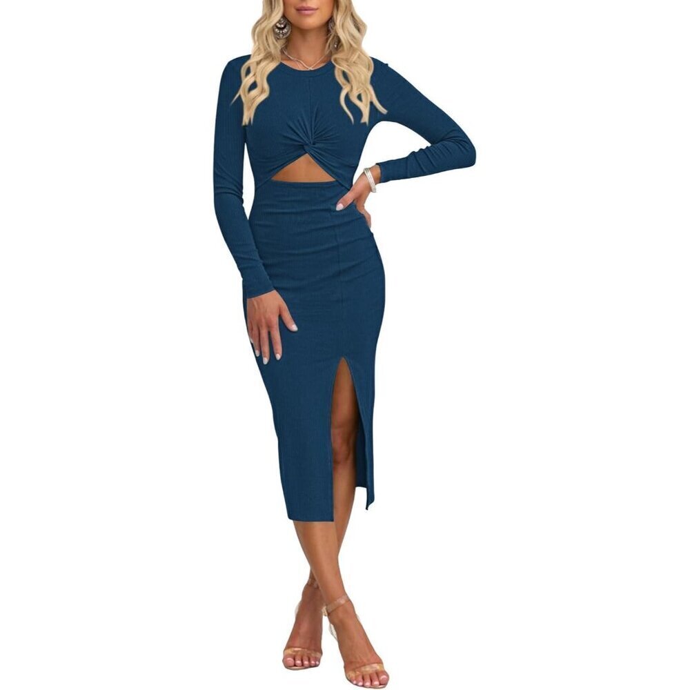 Women's Ribbed Knit Midi Dress Crew Neck Long Sleeve Bodycon Wrap Slit